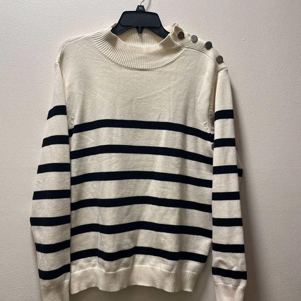 Kirundo Classic Breton Stripe Nautical Coastal Grandma Sweater, Sz L, White/Blue